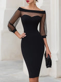 Women's Off Shoulder Sweetheart Midi Cocktail Dress with Sheer Mesh Sleeves — Wren