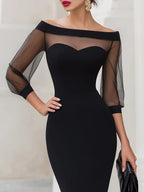 Women's Off Shoulder Sweetheart Midi Cocktail Dress with Sheer Mesh Sleeves — Wren