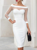 Women's Off Shoulder Sweetheart Midi Cocktail Dress with Sheer Mesh Sleeves — Wren