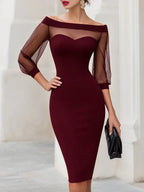 Women's Off Shoulder Sweetheart Midi Cocktail Dress with Sheer Mesh Sleeves — Wren
