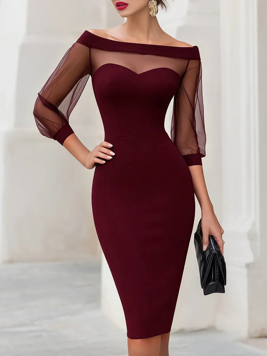 Women's Off Shoulder Sweetheart Midi Cocktail Dress with Sheer Mesh Sleeves — Wren