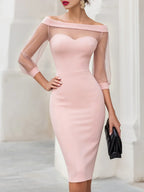 Women's Off Shoulder Sweetheart Midi Cocktail Dress with Sheer Mesh Sleeves — Wren