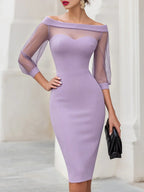 Women's Off Shoulder Sweetheart Midi Cocktail Dress with Sheer Mesh Sleeves — Wren