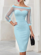 Women's Off Shoulder Sweetheart Midi Cocktail Dress with Sheer Mesh Sleeves — Wren