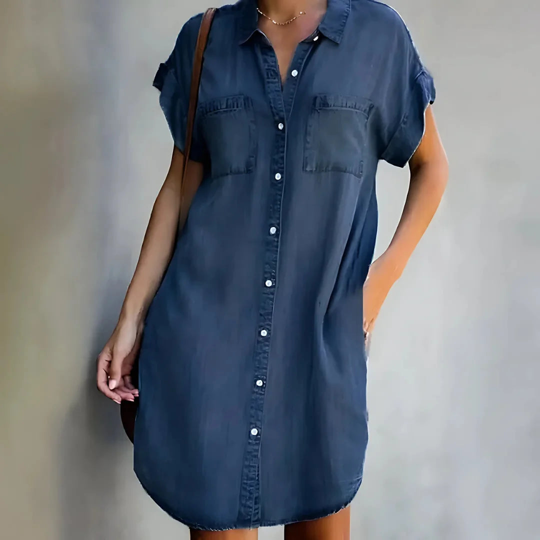 Dark Blue Women's Tummy Control Summer Dress — Nova Button-Front Chambray Short Sleeve - Front Pose
