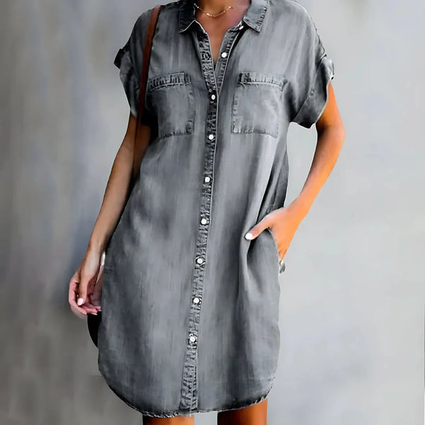 Grey Women's Tummy Control Summer Dress — Nova Button-Front Chambray Short Sleeve - Front Full