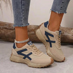 Beige Blue Women's Comfort Sneakers with Lace-Up Design & Cushioned Sole - Front Pose Outdoor