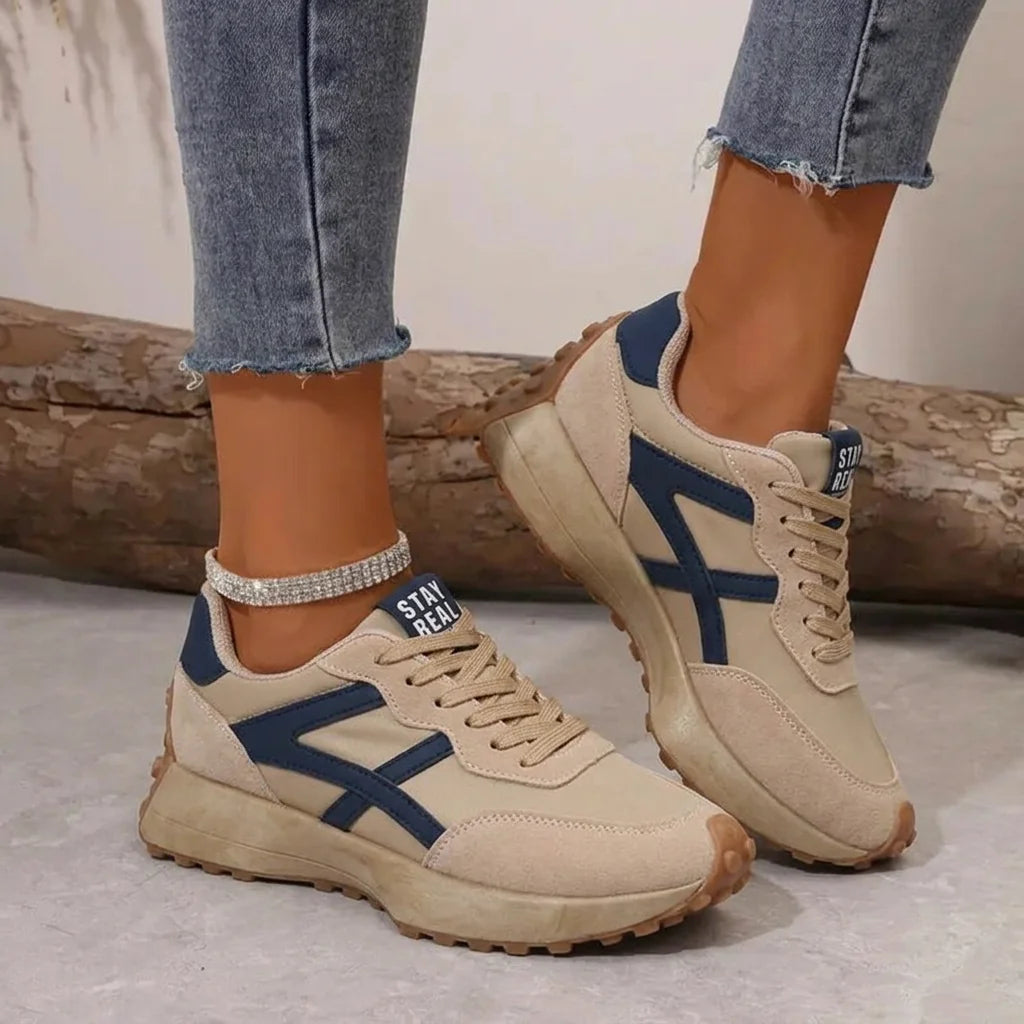 Beige Blue Women's Comfort Sneakers with Lace-Up Design & Cushioned Sole - Front Pose Outdoor