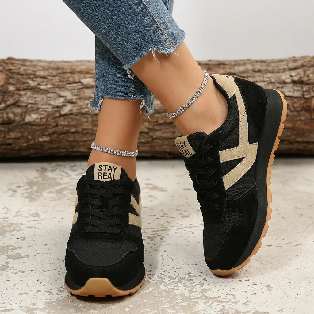 Black Beige Women's Comfort Sneakers with Lace-Up Design & Cushioned Sole - Walking Pose