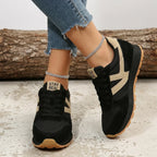 Black Beige Women's Comfort Sneakers with Lace-Up Design & Cushioned Sole - Walking Pose