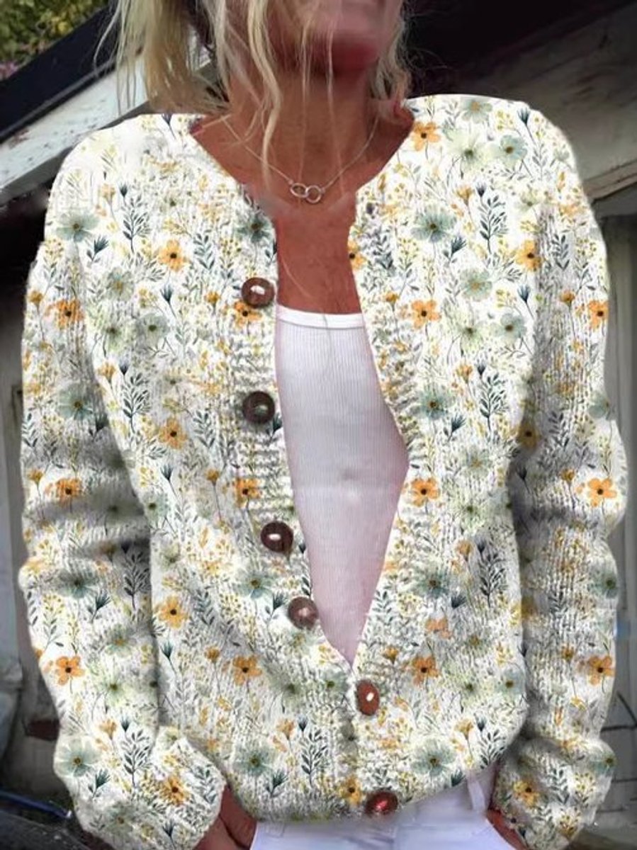 Women's Floral Embroidered Knit Cardigan with Button-Front & Relaxed Fit — Esther