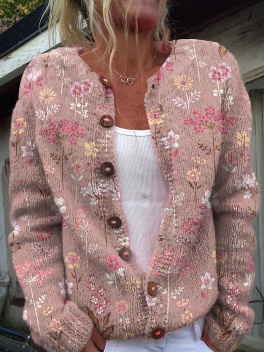 Women's Floral Embroidered Knit Cardigan with Button-Front & Relaxed Fit — Esther