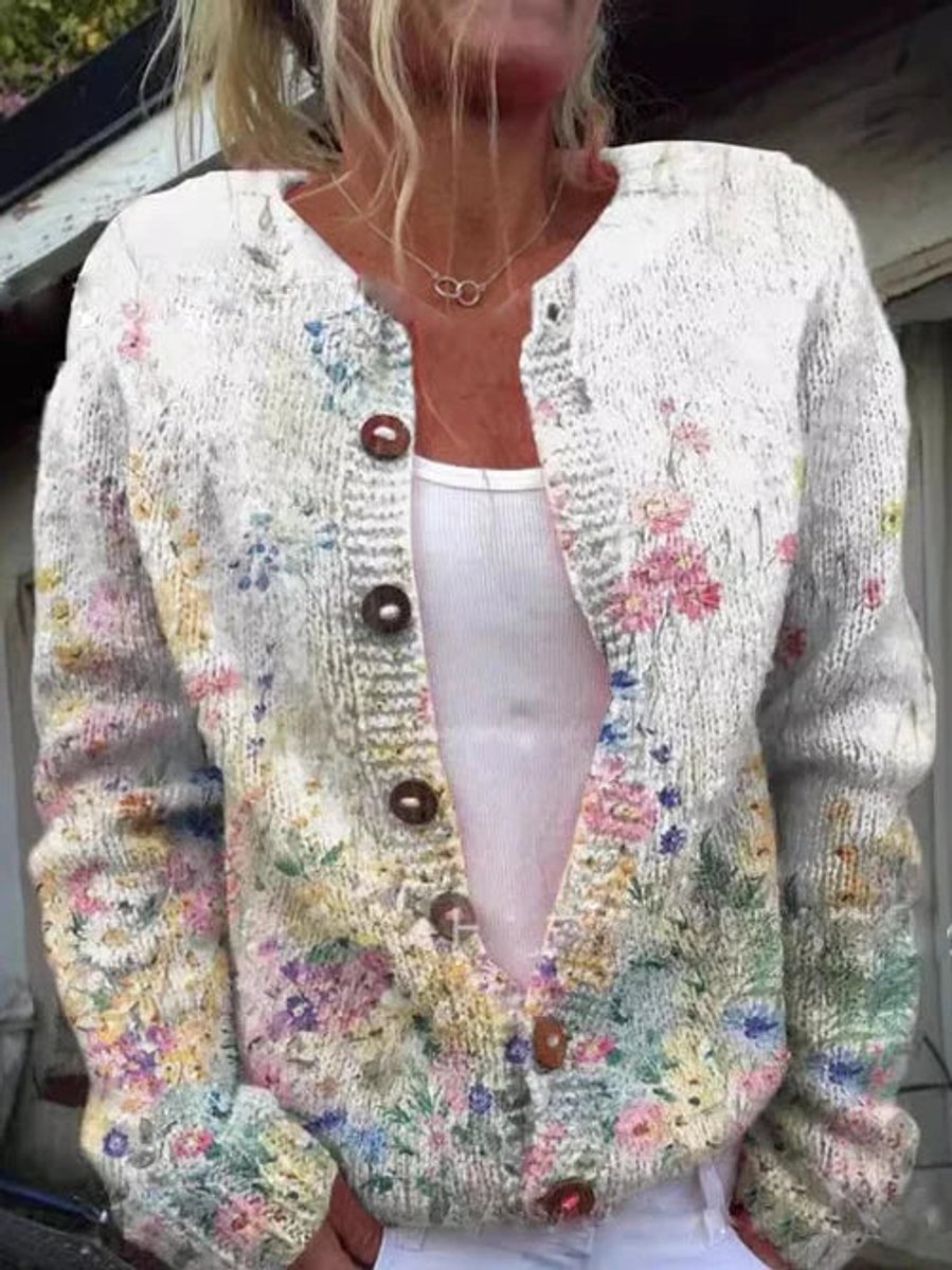 Women's Floral Embroidered Knit Cardigan with Button-Front & Relaxed Fit — Esther