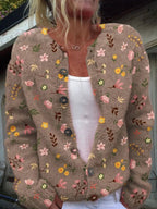 Women's Floral Embroidered Knit Cardigan with Button-Front & Relaxed Fit — Esther