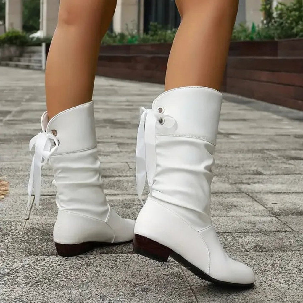 White Women's Lace-Up Block Heel Boots with Slouchy Faux Leather Shaft