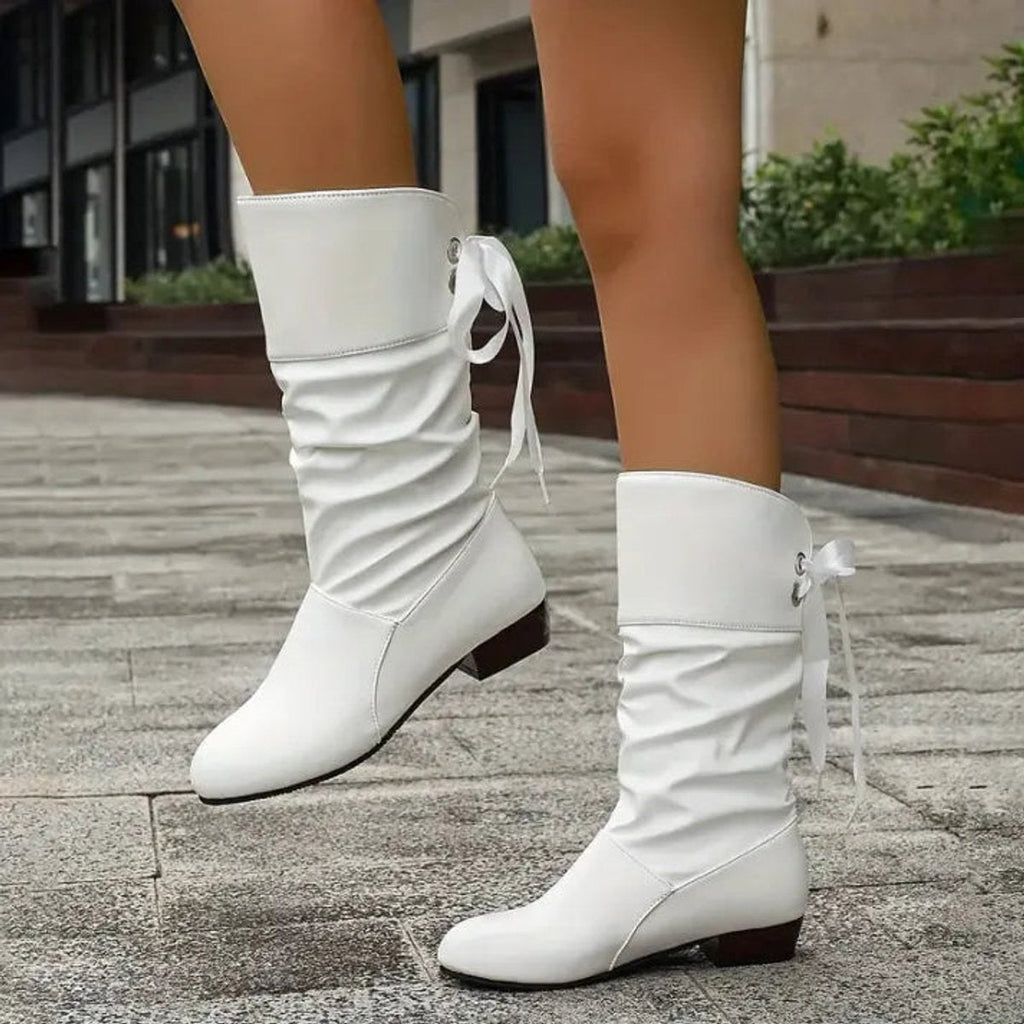 Women's Lace-Up Block Heel Boots with Slouchy Faux Leather Shaft — Dot