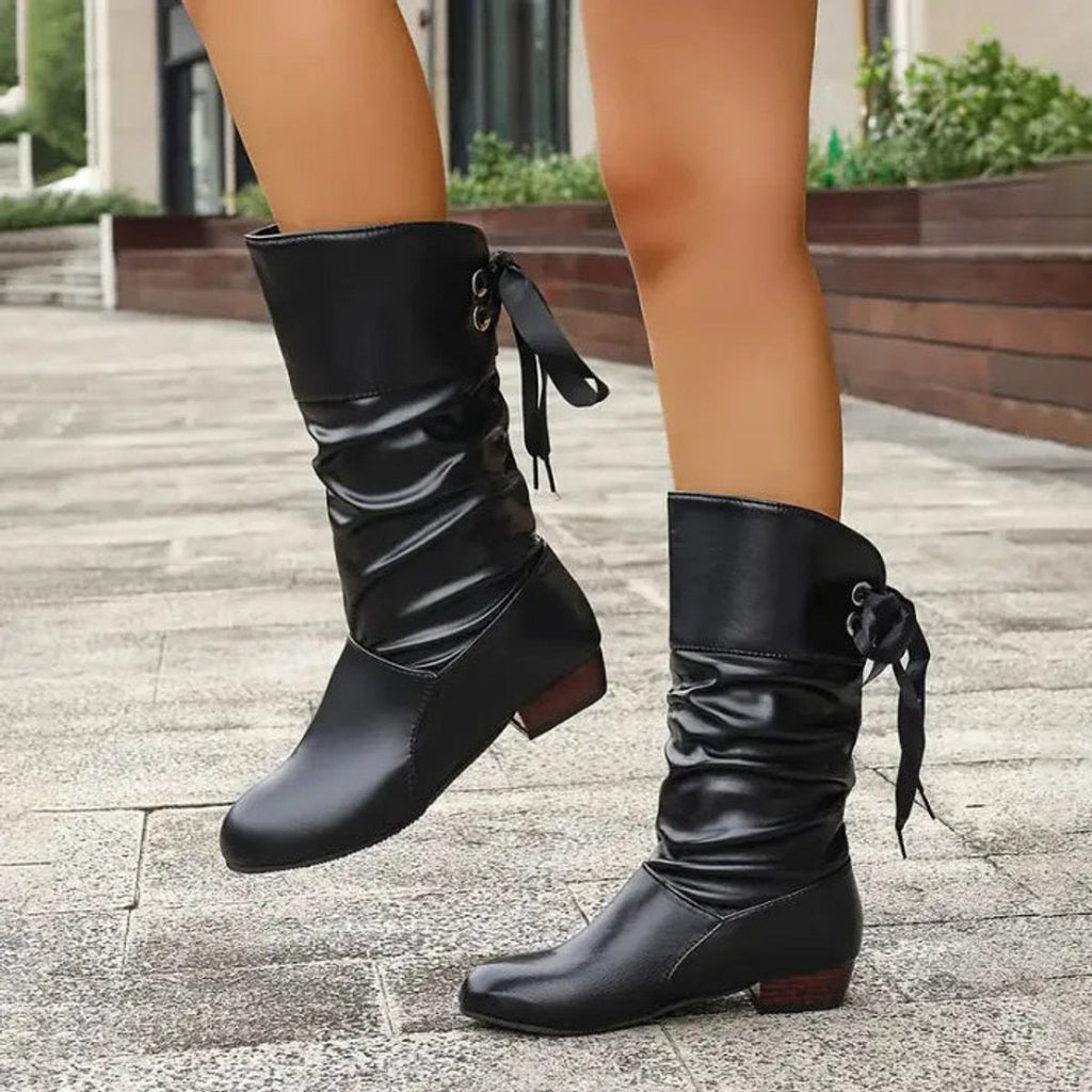 Women's Lace-Up Block Heel Boots with Slouchy Faux Leather Shaft — Dot
