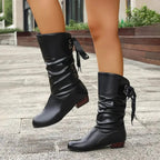 Women's Lace-Up Block Heel Boots with Slouchy Faux Leather Shaft — Dot