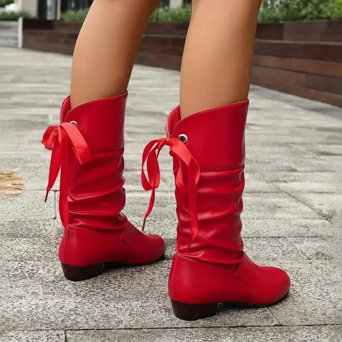 Red Women's Lace-Up Block Heel Boots with Slouchy Faux Leather Shaft