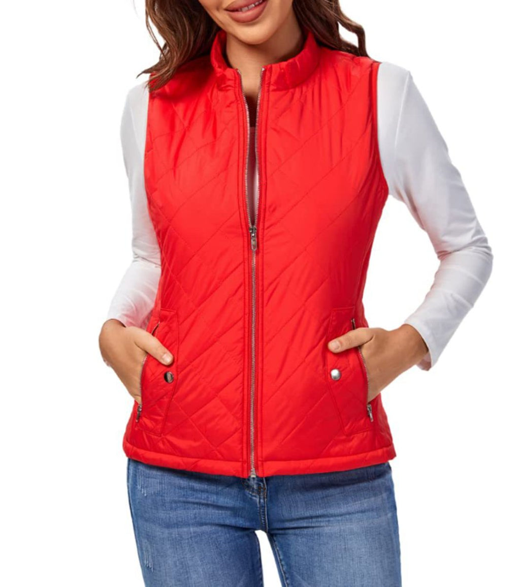 Red Women's Lightweight Quilted Gilet with Relaxed Fit & Zip Pockets