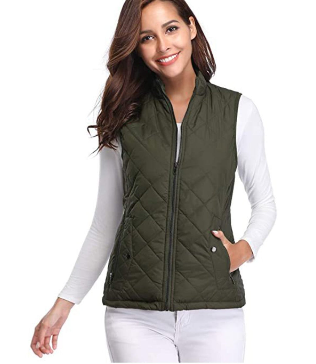 Olive Green Women's Lightweight Quilted Gilet with Relaxed Fit & Zip Pockets
