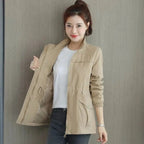 Khaki Women's Lightweight Zip Up Bomber Jacket with Drawstring Waist & Relaxed Fit