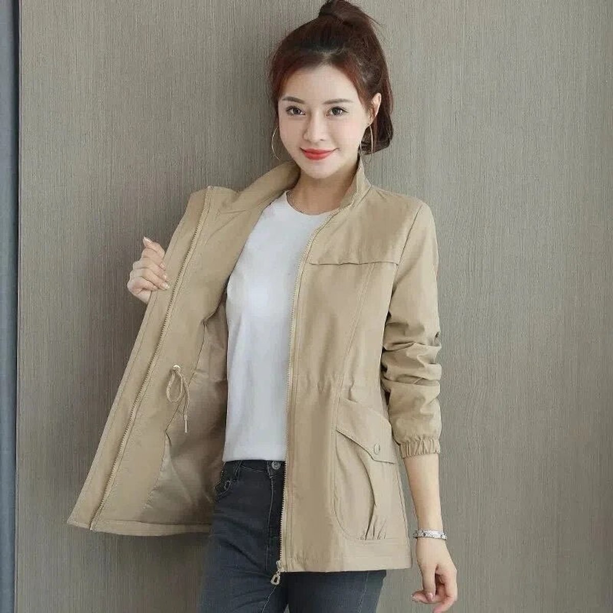 Khaki Women's Lightweight Zip Up Bomber Jacket with Drawstring Waist & Relaxed Fit