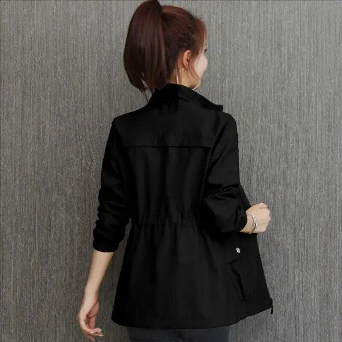 Black Women's Lightweight Zip Up Bomber Jacket with Drawstring Waist & Relaxed Fit