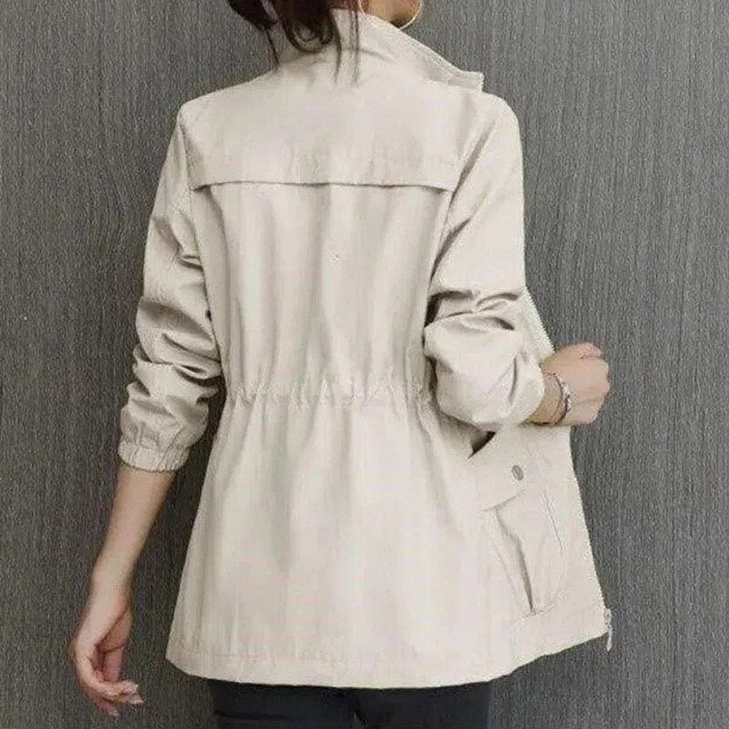 Beige Women's Lightweight Zip Up Bomber Jacket with Drawstring Waist & Relaxed Fit
