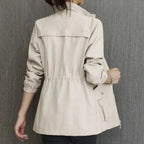 Beige Women's Lightweight Zip Up Bomber Jacket with Drawstring Waist & Relaxed Fit