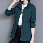 Blue Women's Lightweight Zip Up Bomber Jacket with Drawstring Waist & Relaxed Fit