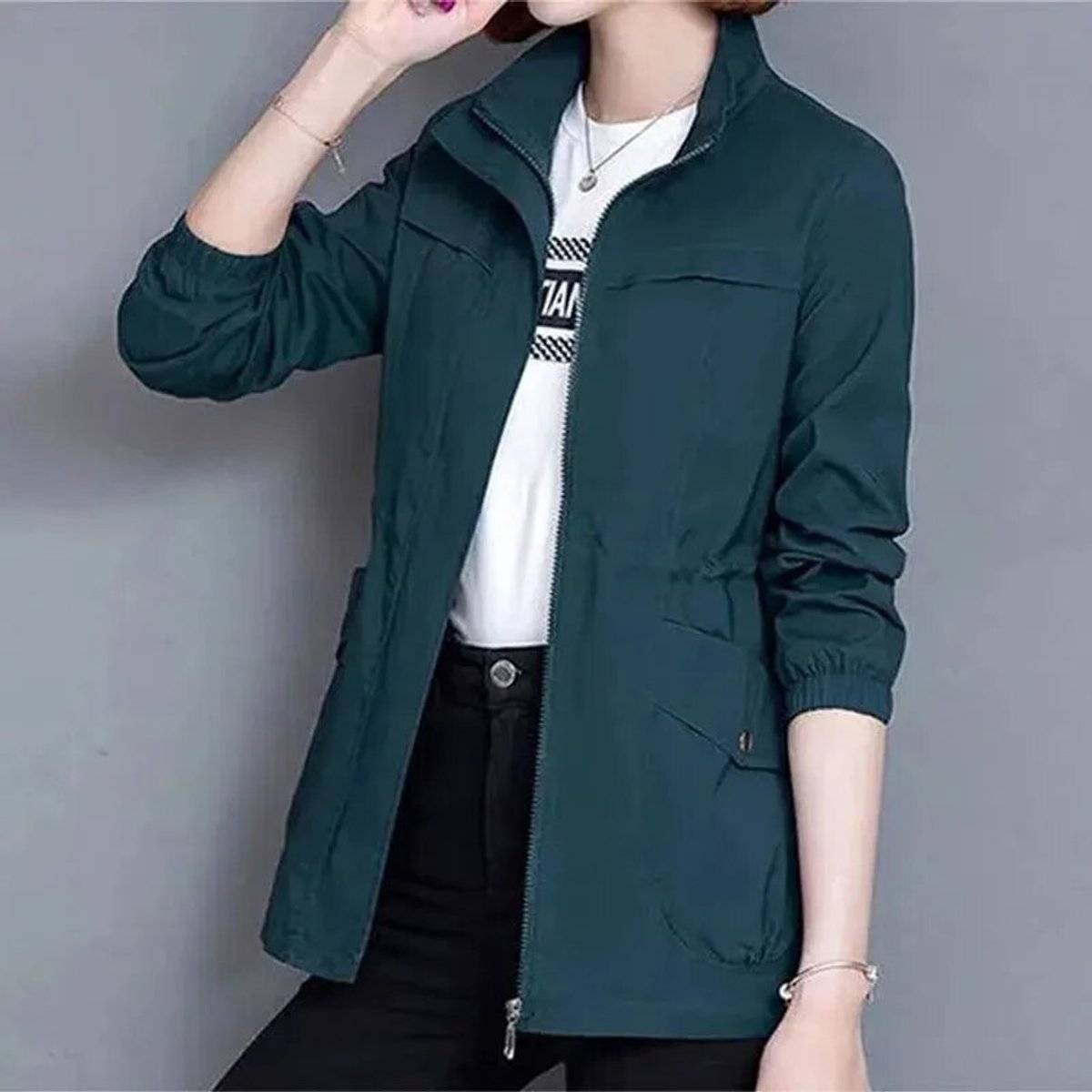 Blue Women's Lightweight Zip Up Bomber Jacket with Drawstring Waist & Relaxed Fit