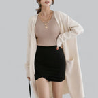Khaki Women's Long Oversized Cashmere Cardigan with Open Front & Pockets