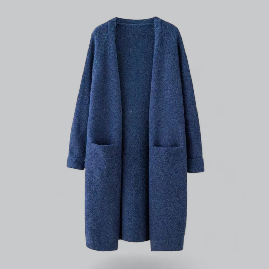 Blue Women's Long Oversized Cashmere Cardigan with Open Front & Pockets
