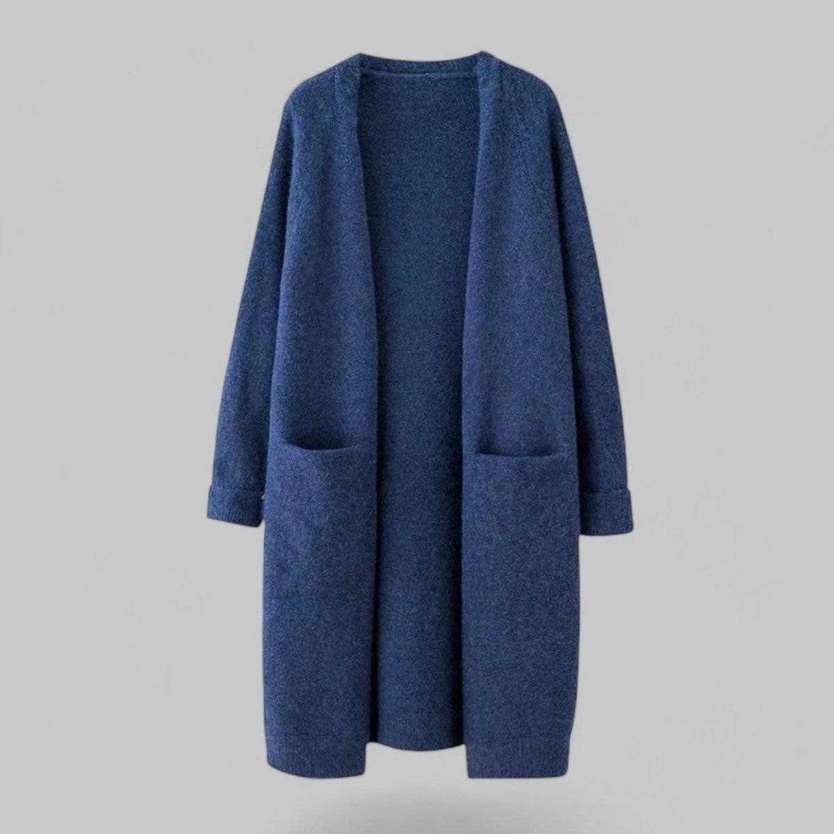 Blue Women's Long Oversized Cashmere Cardigan with Open Front & Pockets