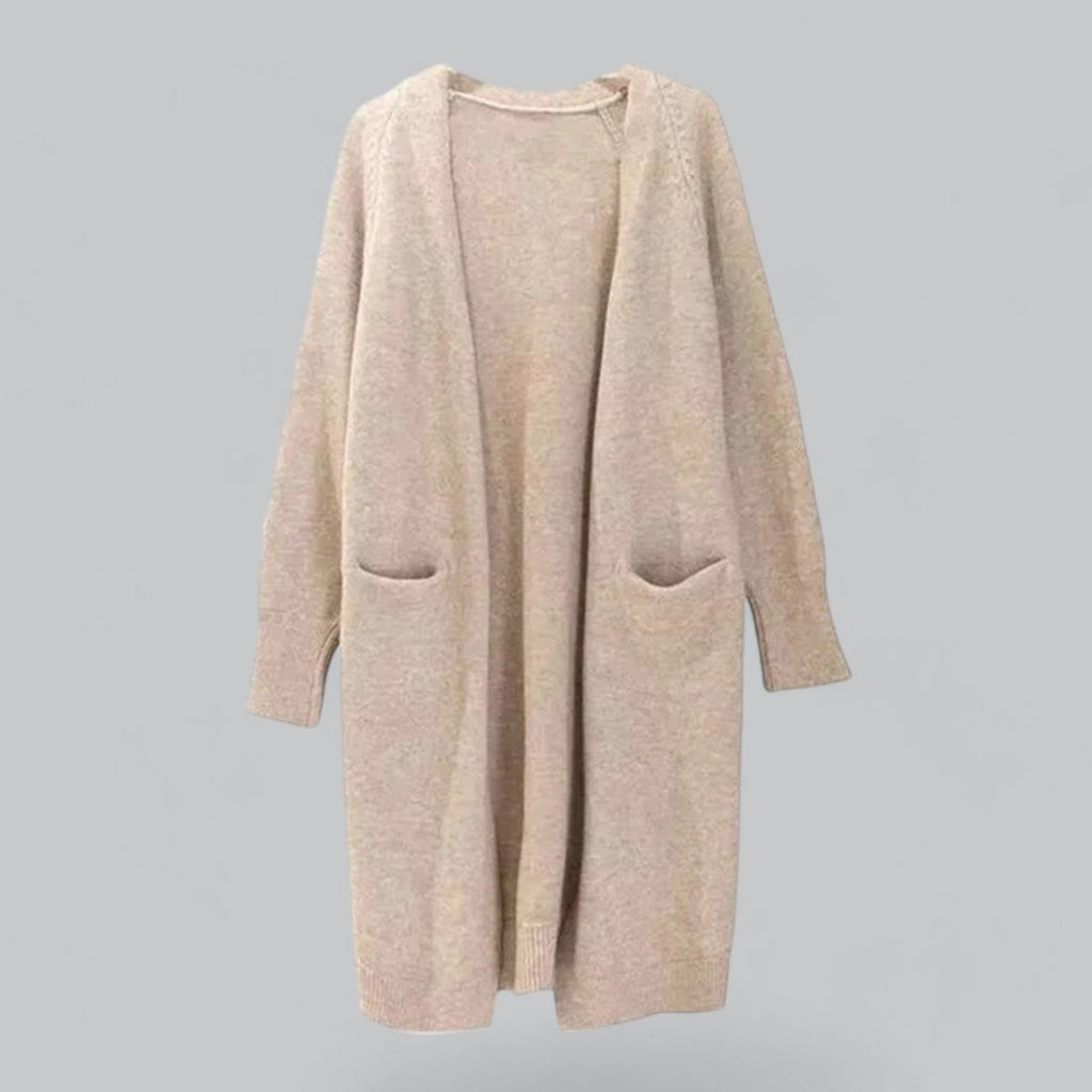 Khaki Women's Long Oversized Cashmere Cardigan with Open Front & Patch Pockets