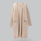 Khaki Women's Long Oversized Cashmere Cardigan with Open Front & Patch Pockets
