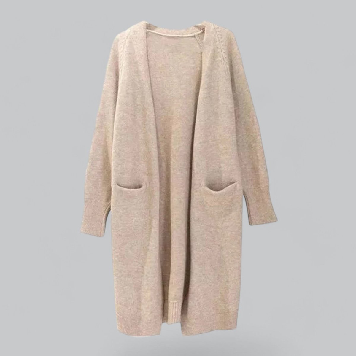 Khaki Women's Long Oversized Cashmere Cardigan with Open Front & Patch Pockets