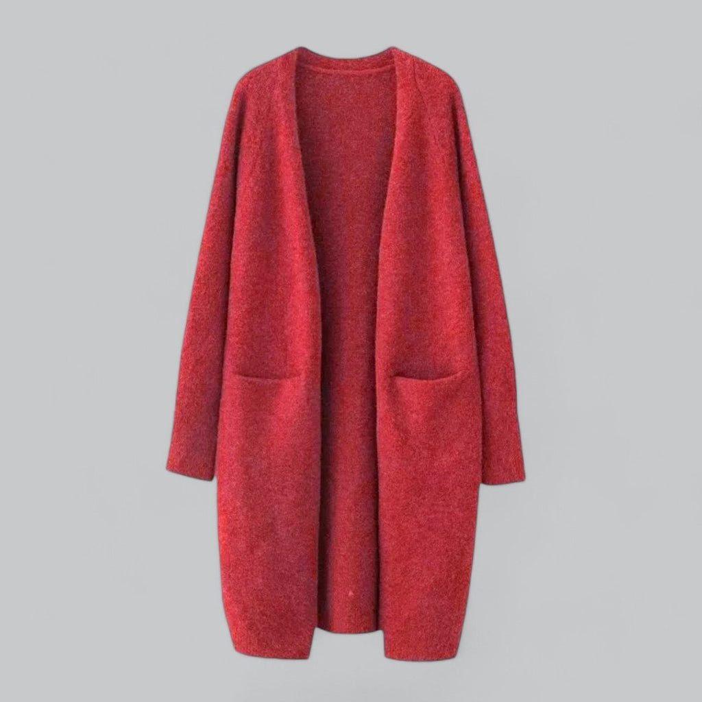 Red Women's Long Oversized Cashmere Cardigan with Open Front & Patch Pockets