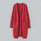 Red Women's Long Oversized Cashmere Cardigan with Open Front & Patch Pockets