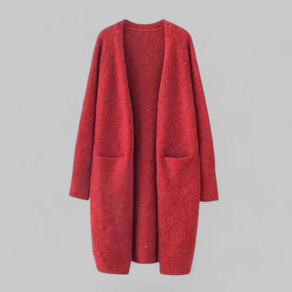 Red Women's Long Oversized Cashmere Cardigan with Open Front & Patch Pockets