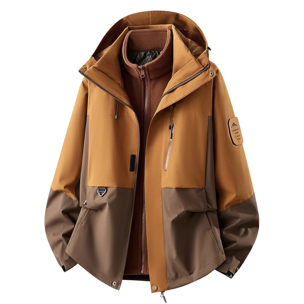 Brown Women's Outdoor Jacket with Adjustable Hood & Multiple Pockets