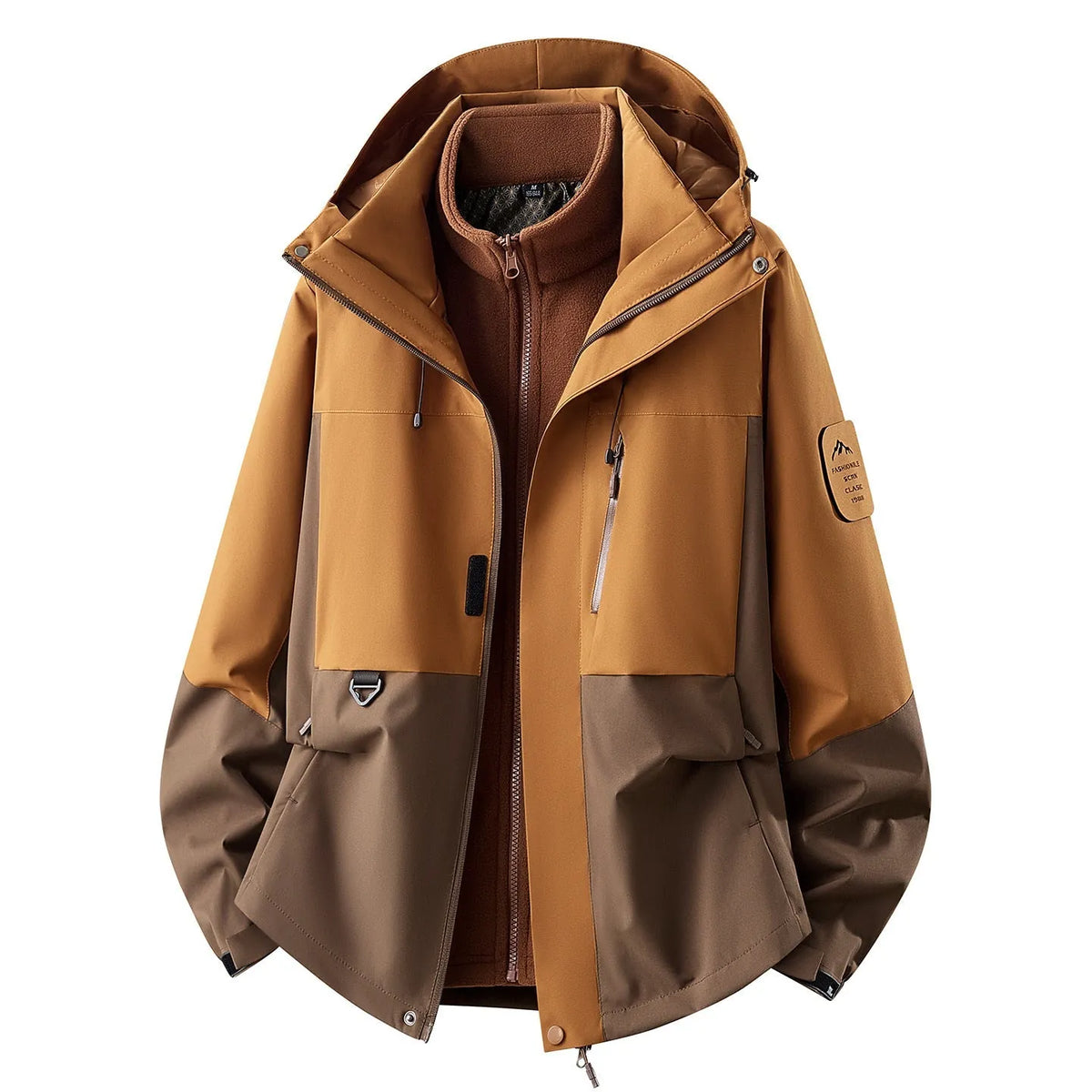 Brown Women's Outdoor Jacket with Adjustable Hood & Multiple Pockets
