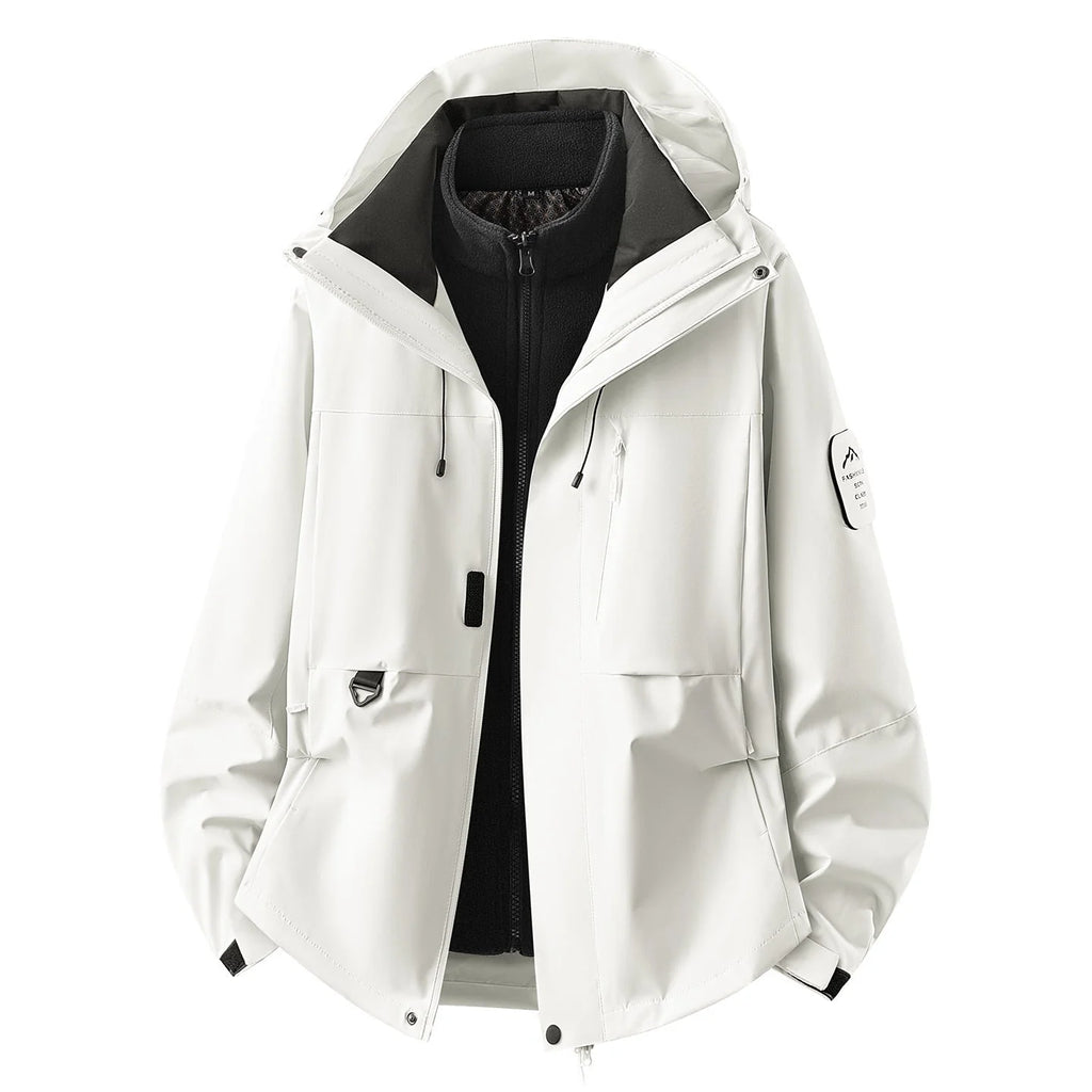 Ivory Women's Outdoor Jacket with Adjustable Hood & Multiple Pockets - Front Open White