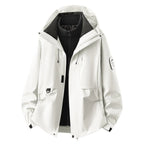 Ivory Women's Outdoor Jacket with Adjustable Hood & Multiple Pockets - Front Open White