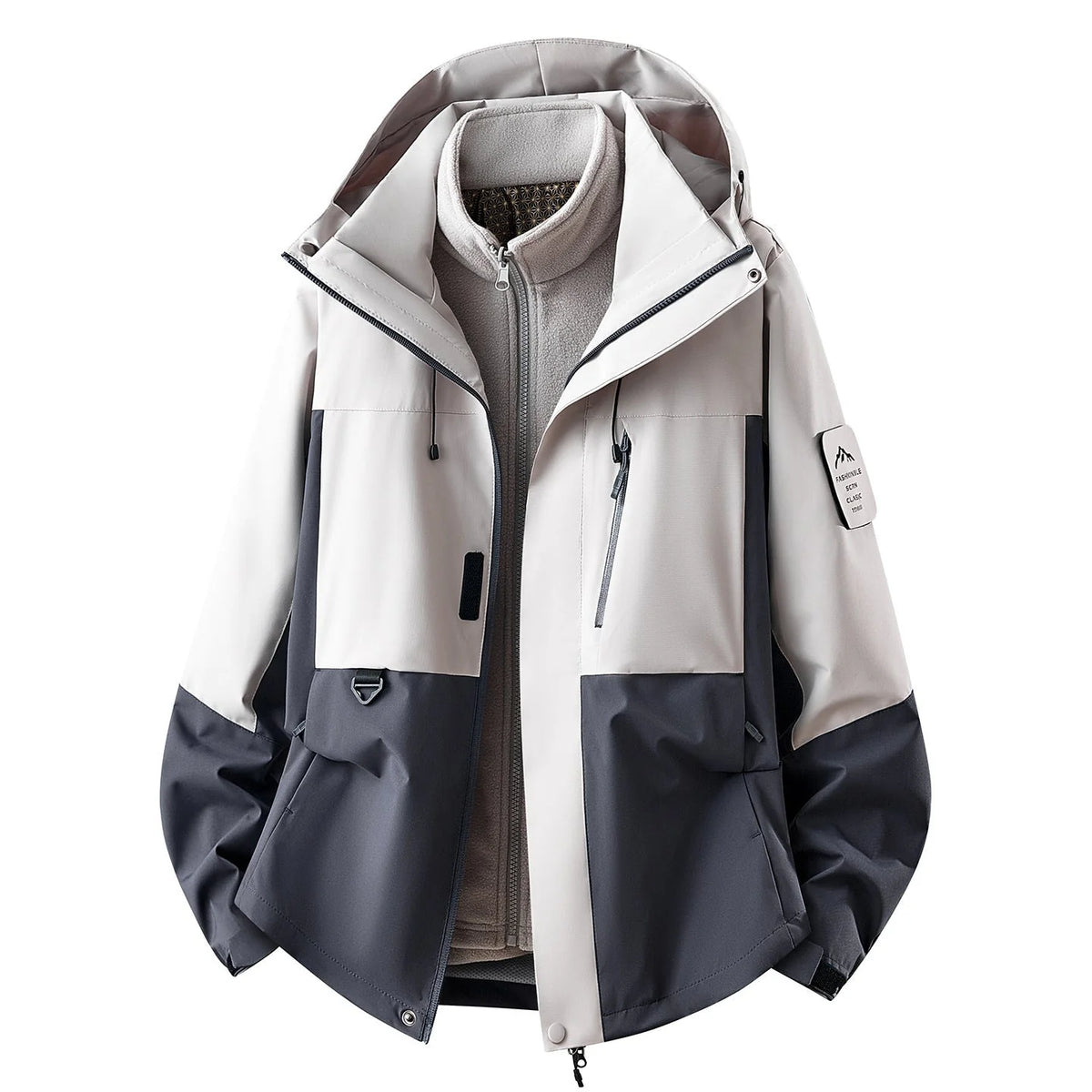 Light Grey Women's Outdoor Jacket with Adjustable Hood & Multiple Pockets