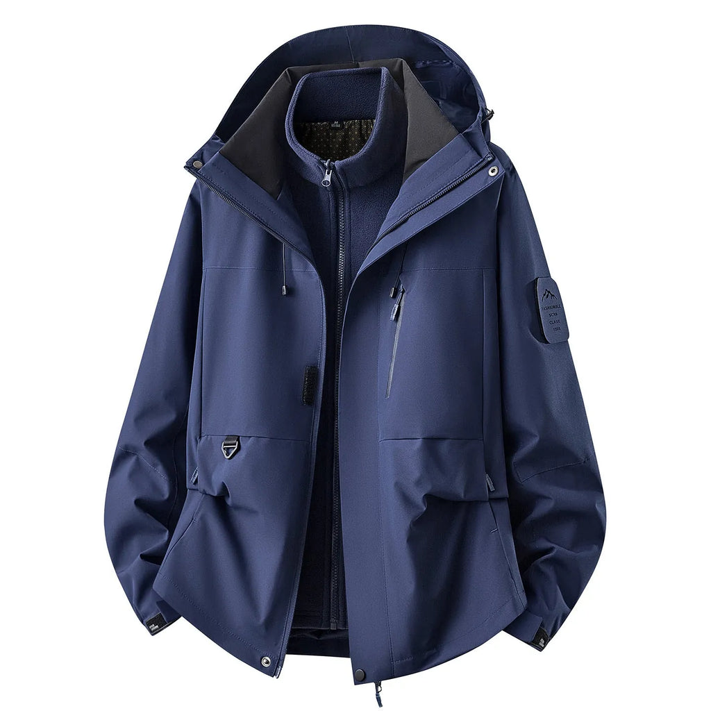 Blue Women's Outdoor Jacket with Adjustable Hood & Multiple Pockets - Front Open Navy