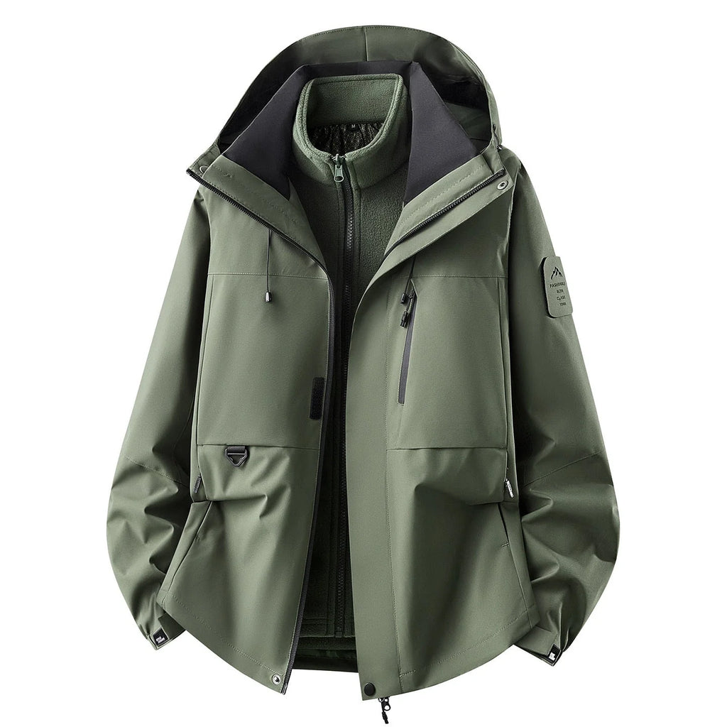 Olive Green Women's Outdoor Jacket with Adjustable Hood & Multiple Pockets - Front Studio