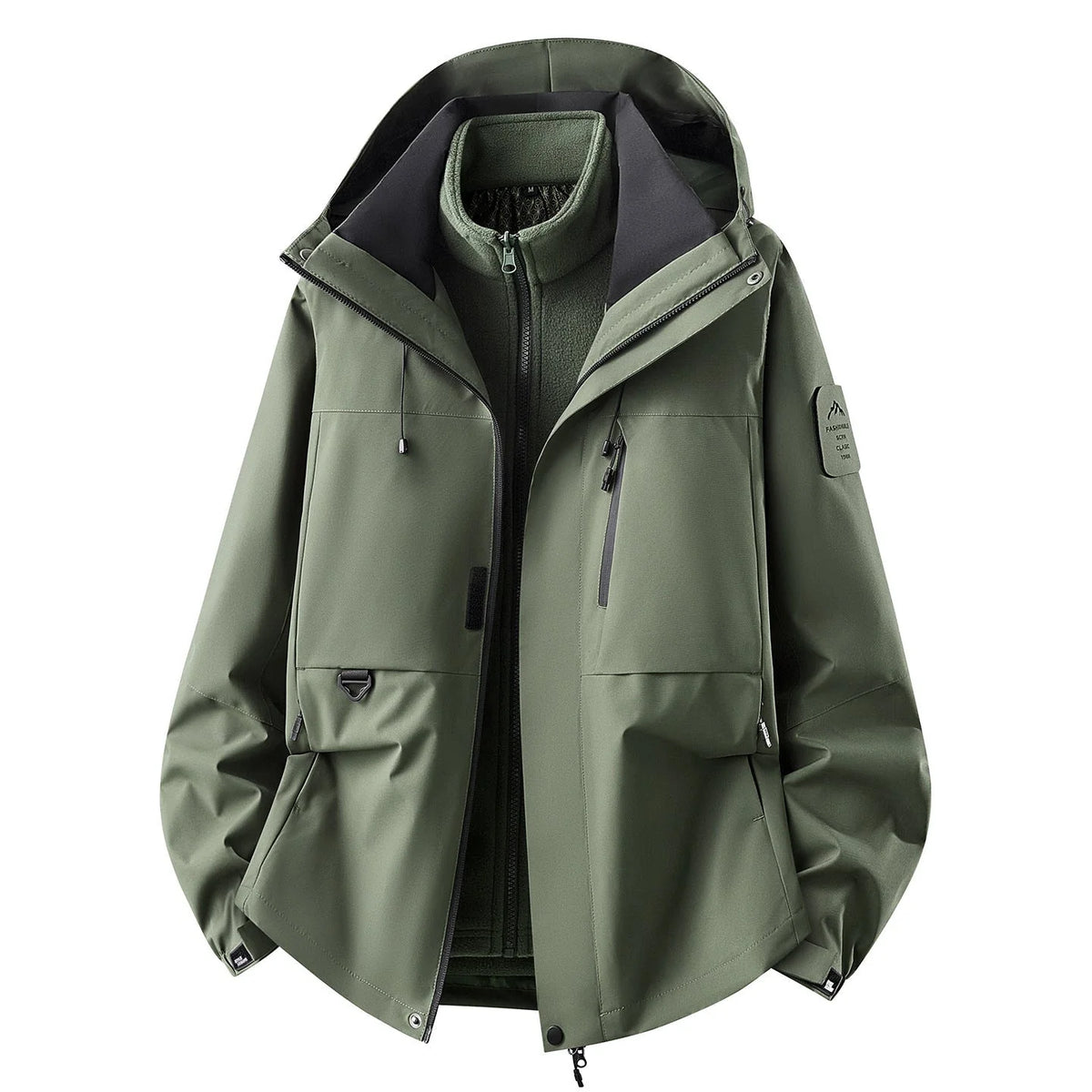 Olive Green Women's Outdoor Jacket with Adjustable Hood & Multiple Pockets - Front Studio
