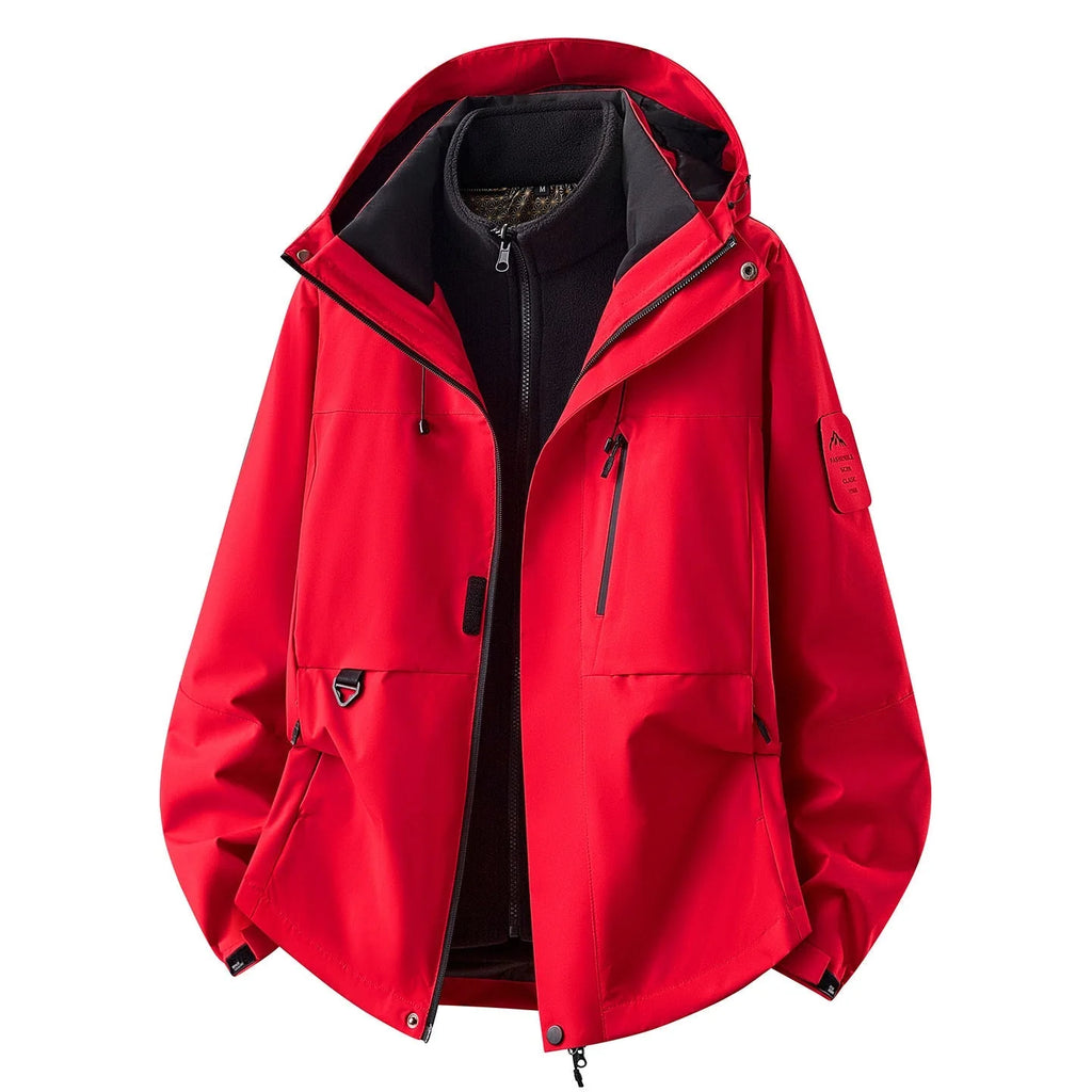 Bright Red Women's Outdoor Jacket with Adjustable Hood & Multiple Pockets